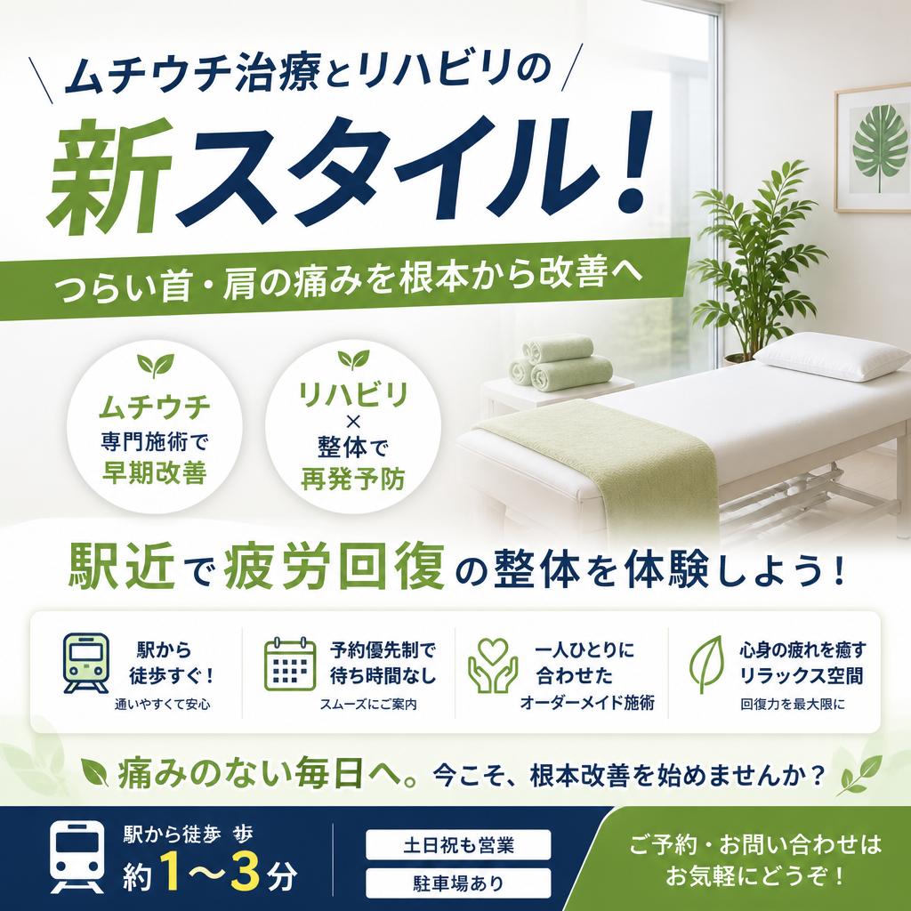 ムチウチ治療とリハビリの新スタイル！駅近で疲労回復の整体を体験しよう！